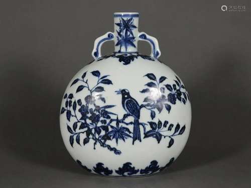 A Chinese Blue and White Flower and Bird Moon Flask