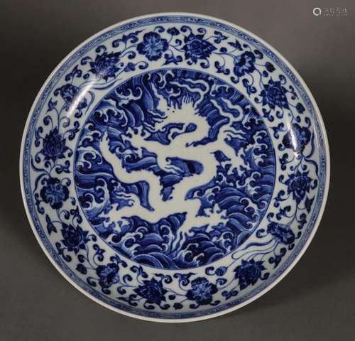 A Chinese Blue and White Dragon and Waves Dish