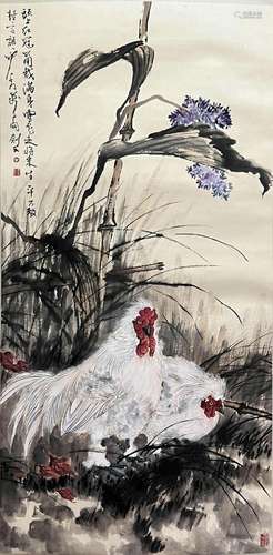 Chinese Flower and Bird Painting Paper Scroll Signed Gao Jia...