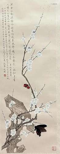 Chinese Flower and Bird Painting Paper Scroll Signed Yu Feiâ...