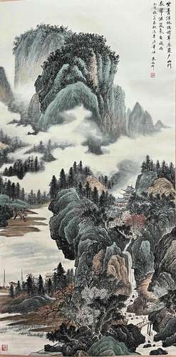 Chinese Landscape Painting Paper Scroll Signed Zhu Meicun