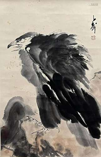 Chinese Eagle Painting Paper Scroll Signed Wang Ziwu