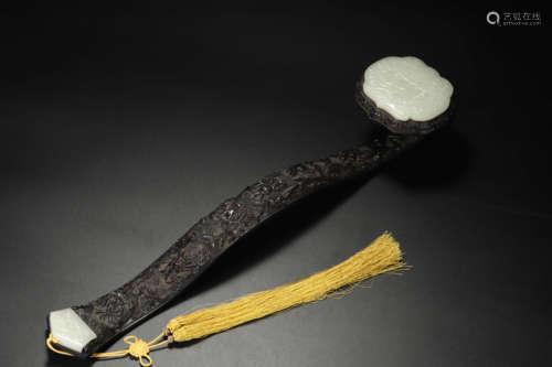 Hetian Jade Inlaid Sandalwood Ruyi Scepter