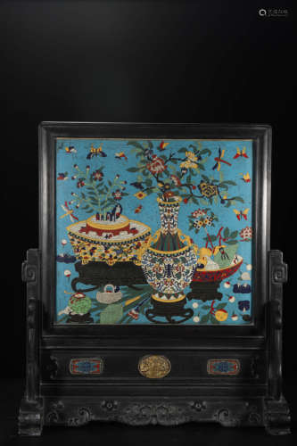 Sandalwood Inlaid Cloisonne Enamel Table Screen