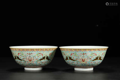 Pair of Green-Ground Floral Bowls