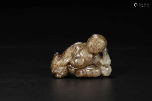 Carved Burnt Jade Figure of Liuhai and His Toad