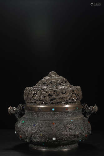 Silver Gilding Bronze Beast-Eared Incense Burner with Cover