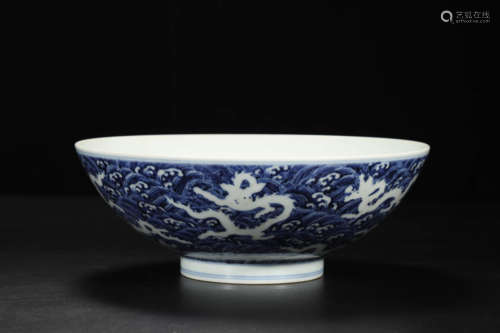 Blue and White Reverse-Decorated Sea Dragon Bowl