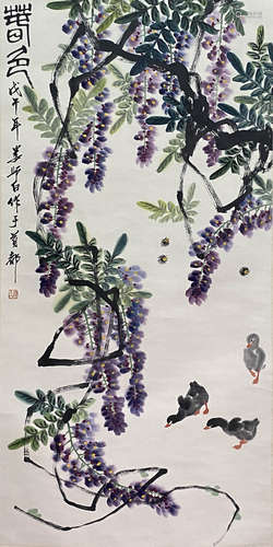 Chinese Flower and Bird Painting Scroll, Lou Shibai Mark