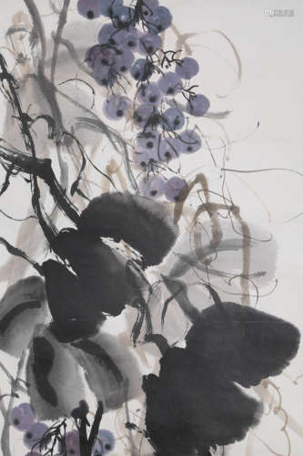 Chinese Squirrel&Grape Painting Scroll, Lou Shibai Mark