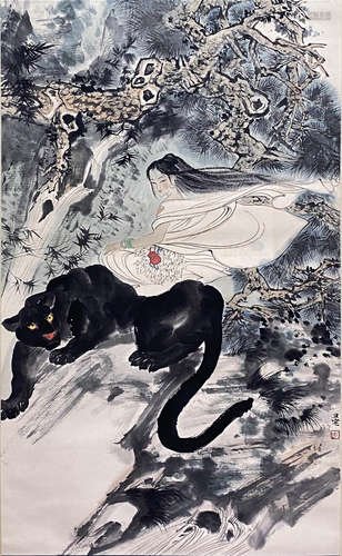 Chinese Figure Painting Scroll, Liu Danzhai Mark