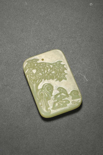 Carved Yellow Jade Twin-Rabbit Plaque Pendant