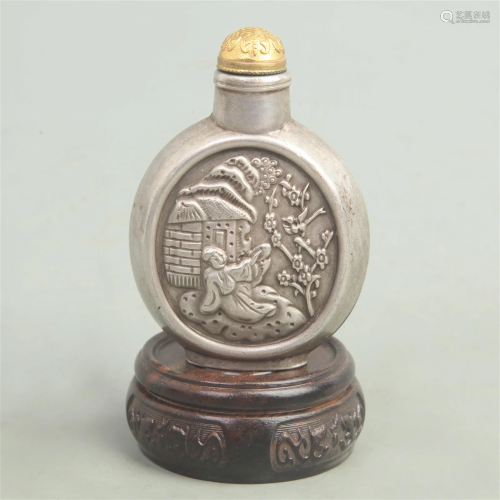 A CHARACTER PATTERN SILVER PLATED SNUFF BOTTLE