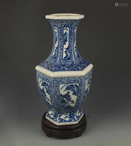 BLUE AND WHITE LANDSCAPING PATTERN SIX SIDED VASE