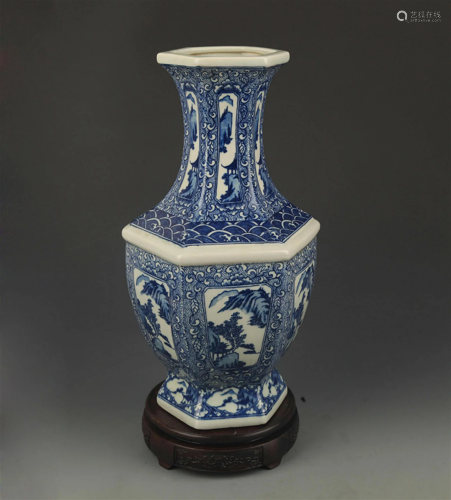 BLUE AND WHITE LANDSCAPING PATTERN SIX SIDED VASE