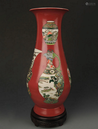 A LARGE RED GLAZED FAMILLE VERTE VASE