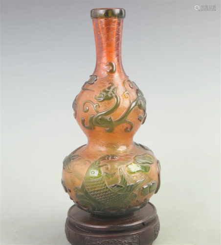 RARE FINE FISH PATTERN CALABASH SHAPED GLASS BOTTLE