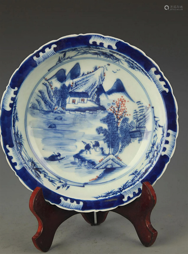 A BLUE AND WHITE LANDSCAPE PORCELAIN PLATE