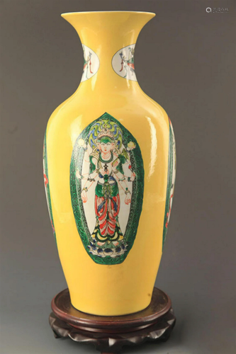 YELLOW GROUND GUAN YIN PAINTING GUAN YIN STYLE VASE