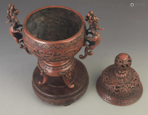 RARE BRONZE DRAGON HANDLE INCENSE BURNER