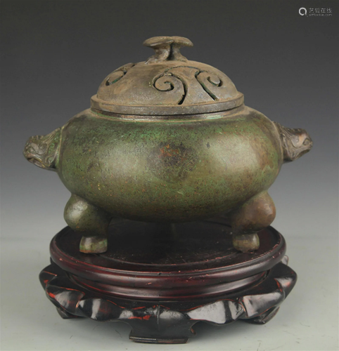 A BRONZE ANIMAL EAR INCENSE BURNER BURNER