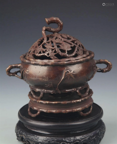 RARE BAMBOO TOP HALLOW MADE BRONZE INCENSE BURNER