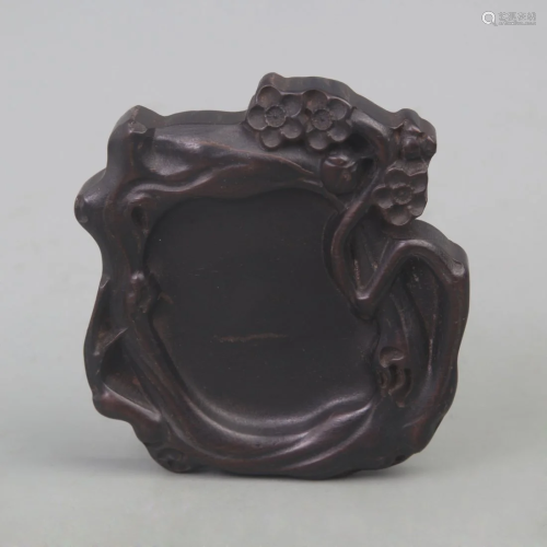 A FINE REDWOOD FLOWER CARVING INKSTONE