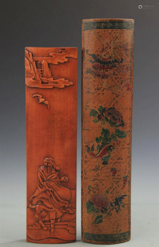 RARE PAIR FINE CHARACTER PATTERN BAMBOO WRITING ARM REST