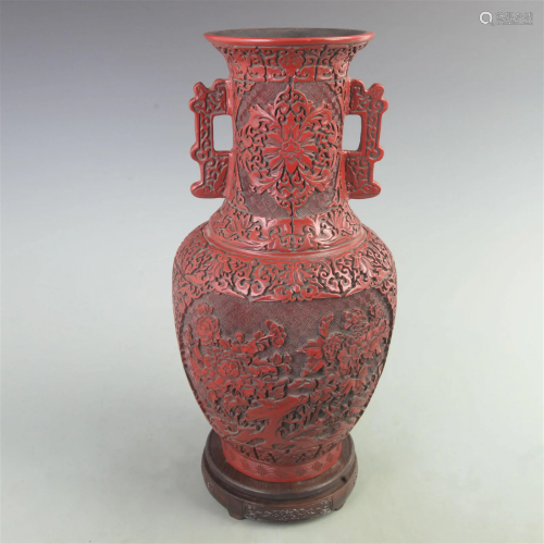 RARE FINE LARGE RED CARVED LACQUER FLOWER CARVING VASE