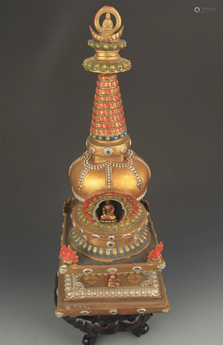 RARE COLORED TIBETAN BUDDHISM BRONZE BUDDHA TOWER