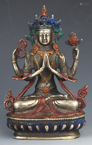 A COLORED BRONZE STATUE IN GUAN YIN FIGURE