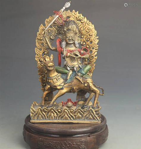 A COLORED BRONZE STATUE IN AUSPICIOUS GODDESS FIGURE