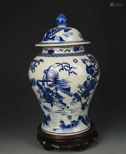 BLUE AND WHITE STORY PAINTED GENERAL TYPE VASE