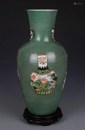 DARK GREEN GROUND FLOWER AND BIRD PORCELAIN VASE