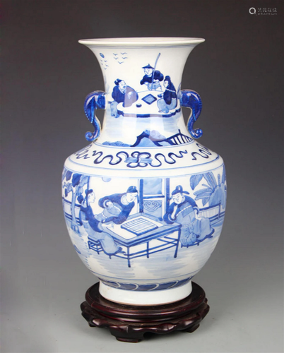 BLUE AND WHITE STORY PATTERN ELEPHANT EAR PORCELAIN VASE