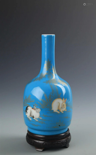 RARE BLUE GLAZED DOUBLE RABBIT BELL SHAPED VASE