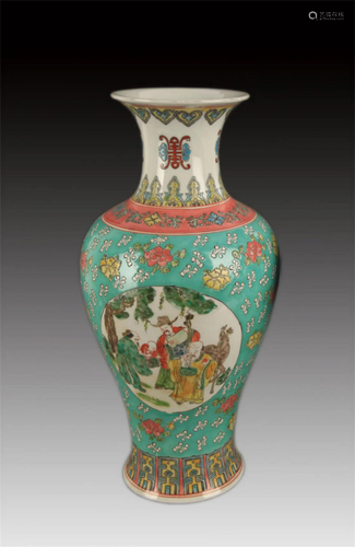 GREEN GROUND FAMILLE ROSE GUAN YIN PORCELAIN VASE