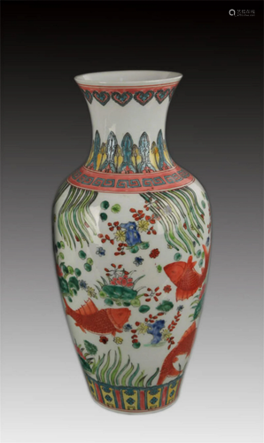 A FAMILLE ROSE FISH PAINTED GUAN YIN VASE