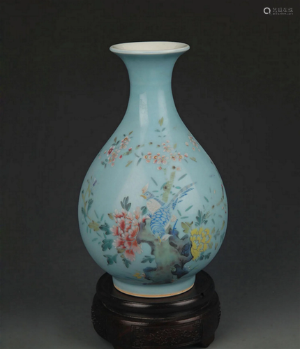 SKY BLUE GLAZED FAMILLE ROSE CHICKEN PATTERN YU HU CHUN BOTT...