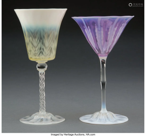 Two Tiffany Studios Pastel Favrile Glass Goblets