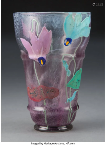 Gallé Etude Marquetry Glass Cyclamen Vase, circ