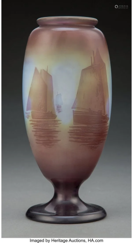 Gallé Cameo Glass Sail Boats Vase, circa 1910 M
