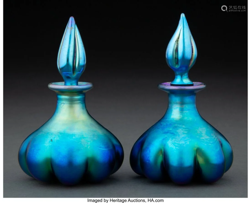 Two Steuben Blue Aurene Glass Perfume Bottles, c