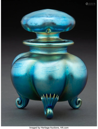 Steuben Blue Aurene Glass Covered Jar, circa 191