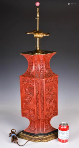 A Chinese Carved Cinnabar Lacquer Lamp 18-19th C