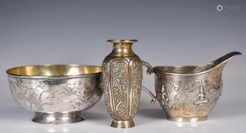 A Group of Three Silver Tablewares Late Qing