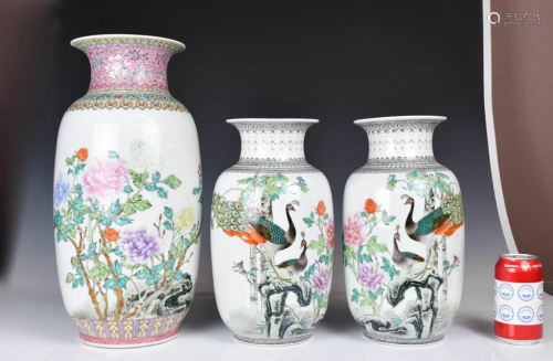 A Group of Three Famille Rose Lantern Vases 1950-70s