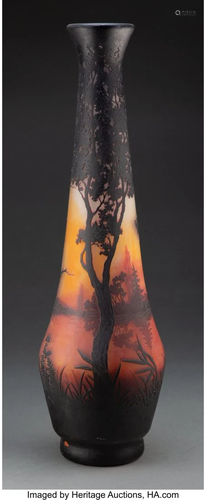 Monumental Daum Cameo Glass Landscape Vase, circ