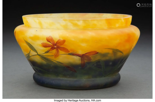 Daum Acid-Etched and Enameled Glass Floral Vase,