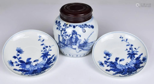 Three Blue & White Porcelain objects Late Qing